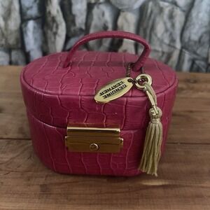 Wolf Designs Pink Burgundy Mini Leather Travel Jewelry Box W/Key and Handle Tag